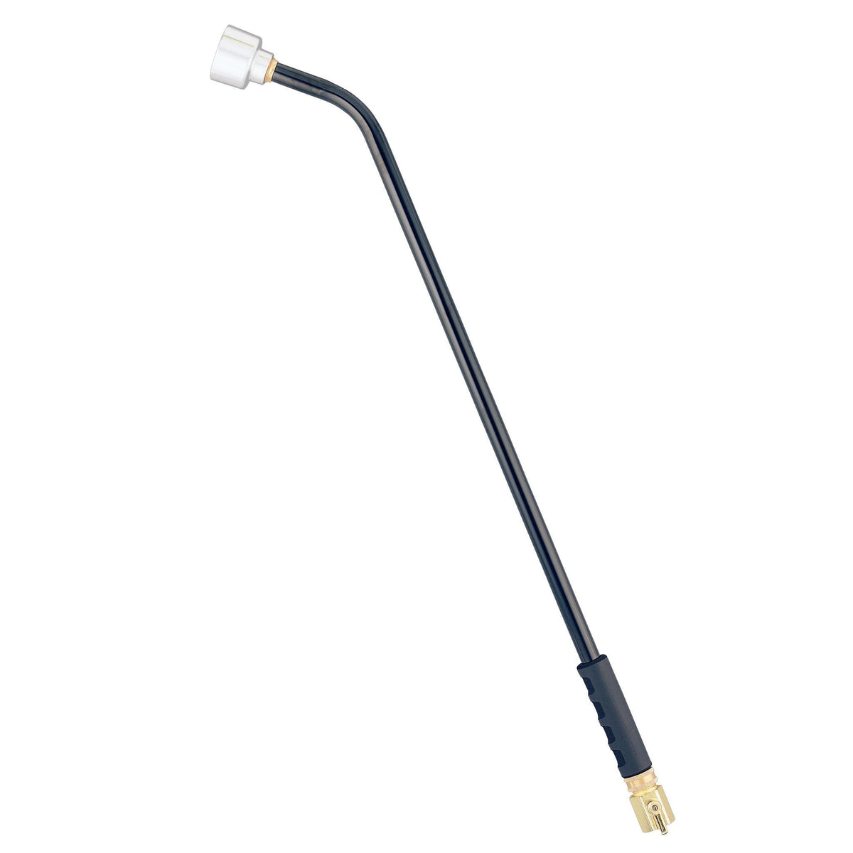 Long dark watering wand with a bent shaft, pale shower head and brass hose connection