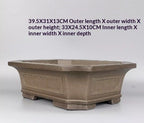 Angled taupe paneled pot with exterior and interior size labels