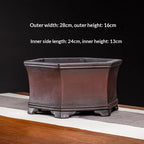 Deep hexagonal Yixing pot with opening and depth annotations