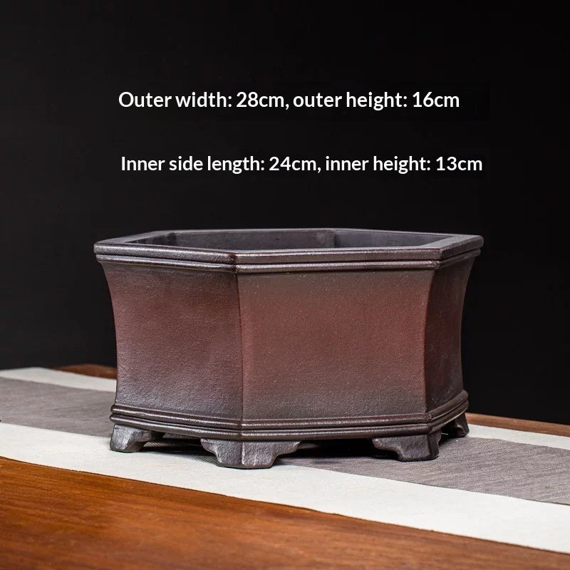 Deep hexagonal Yixing pot with opening and depth annotations