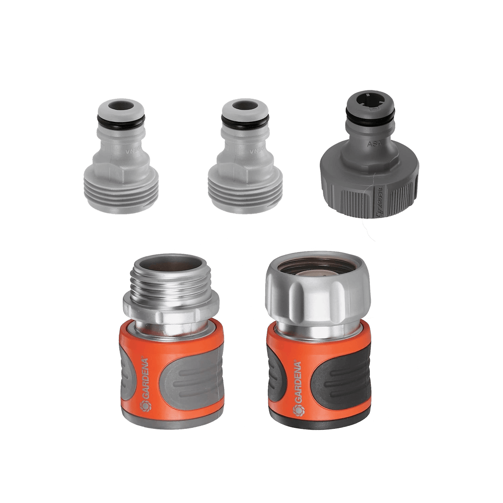 Five gray, silver and orange garden hose adapters and quick-connect fittings