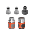 Five gray, silver and orange garden hose adapters and quick-connect fittings