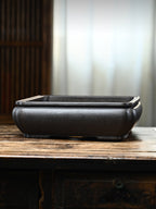 Side view showing the dark pot's bowed walls and raised rim