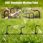 Bendable misting-tube graphic showing curved nozzles watering a garden and lawn