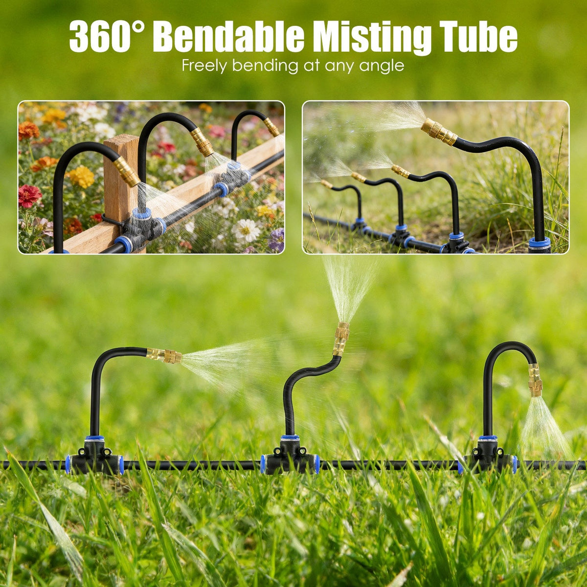 Bendable misting-tube graphic showing curved nozzles watering a garden and lawn