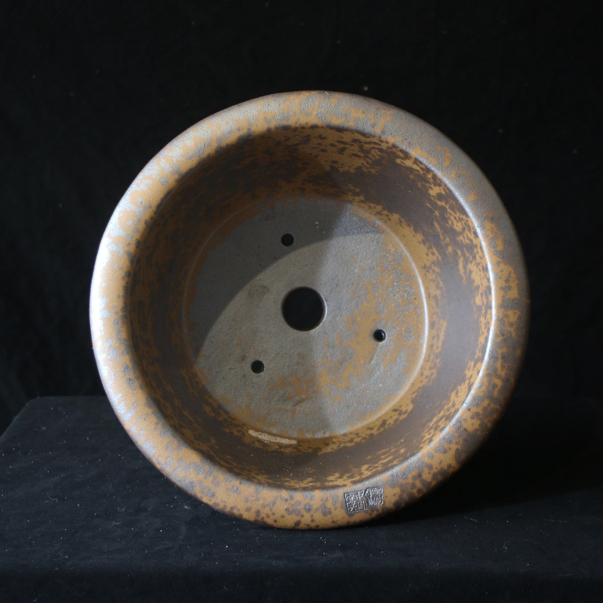 Top view of scale-textured bonsai pot showing one large opening and smaller holes