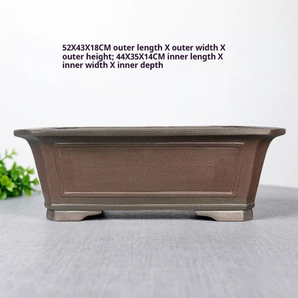 Brown rectangular pot with exterior and interior measurement labels
