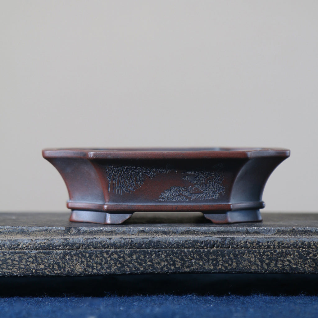 Dark-brown mokko Yixing bonsai pot, side view