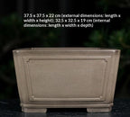 Front view of taupe square pot with exterior and interior measurement labels