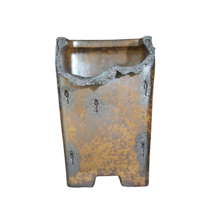 9.1" Cascade Yixing Zisha Clay Bonsai Pot - Wood-Fired, Sculpted Rim — side profile