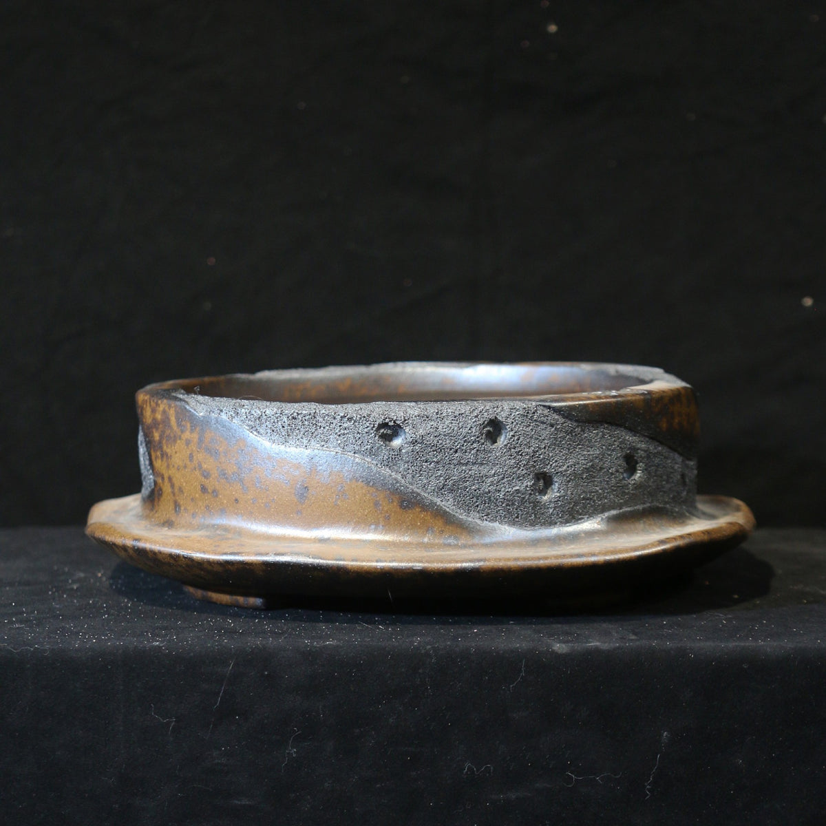 13" Round Yixing Zisha Clay Bonsai Pot - Bronze & Charcoal Glaze — side profile