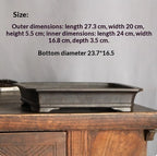 Dark rectangular pot with measurement labels above