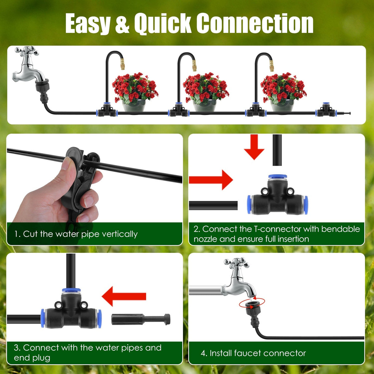 Connection diagram showing hose cutting, tee insertion, end-plug fitting and faucet attachment