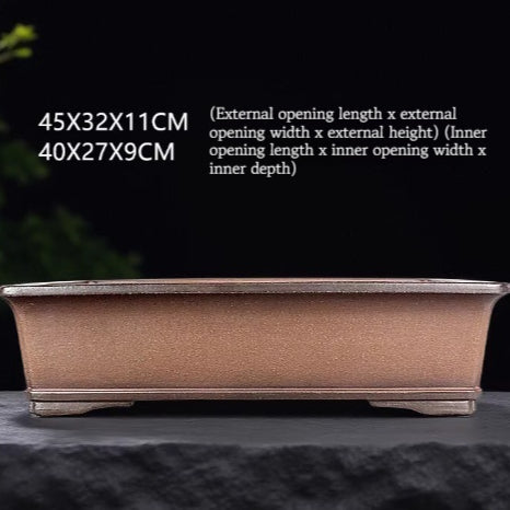 Brown rectangular pot with exterior and interior measurement labels