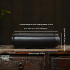 Measurement photograph of the dark rectangular pot showing exterior and interior dimensions