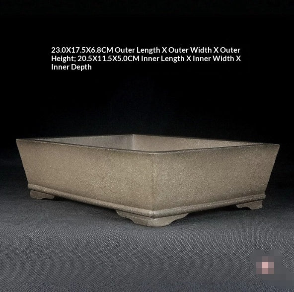 Angled taupe rectangular pot with exterior and interior size labels
