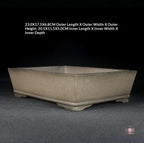 Angled taupe rectangular pot with exterior and interior size labels