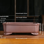 Reddish-brown rectangular pot with labeled exterior 45.8 × 33.8 × 14.5 cm and interior 40.8 × 28.8 × 9.8 cm