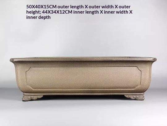 Front profile of taupe paneled rectangular pot with measurement labels