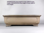 Front profile of taupe paneled rectangular pot with measurement labels