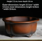 Amber-brown lobed bonsai pot with exterior and interior measurement labels
