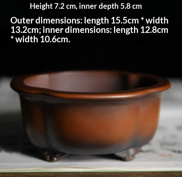 Amber-brown lobed bonsai pot with exterior and interior measurement labels