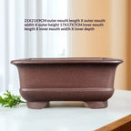 Brown square pot on a windowsill with measurement labels