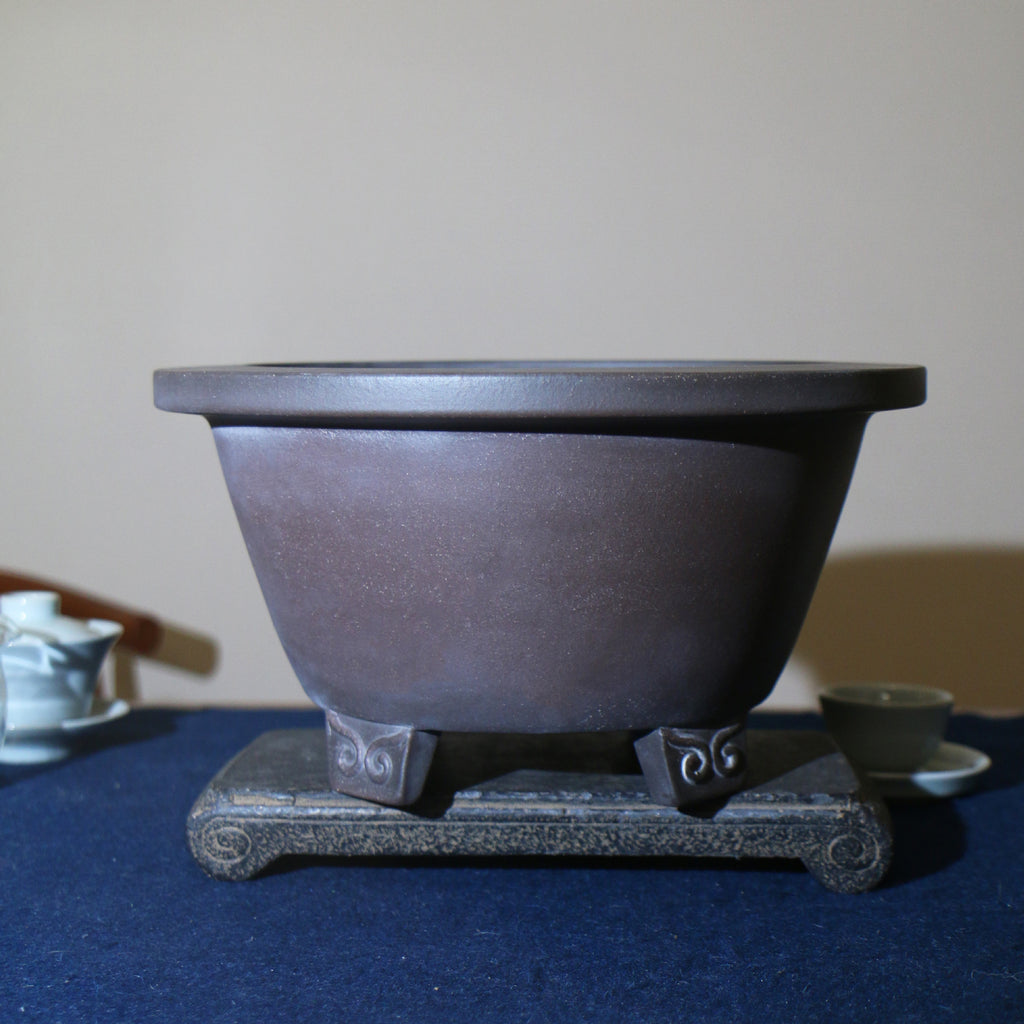 Angled view of the dark round pot showing its tapered body and decorative feet