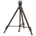 Green and black sprinkler head mounted on a three-legged adjustable tripod stand
