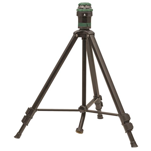 Green and black sprinkler head mounted on a three-legged adjustable tripod stand