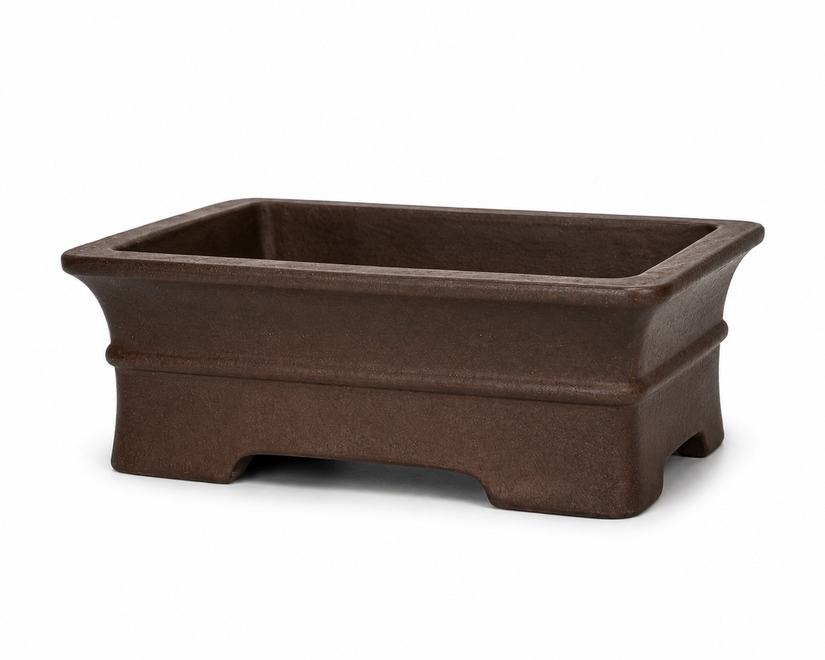 Dark brown rectangular bonsai pot with flared rim, horizontal band and low block feet