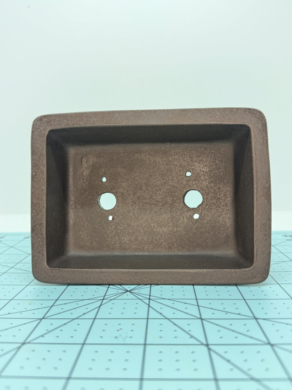 Interior of the dark brown rectangular pot showing two drainage holes and four smaller openings