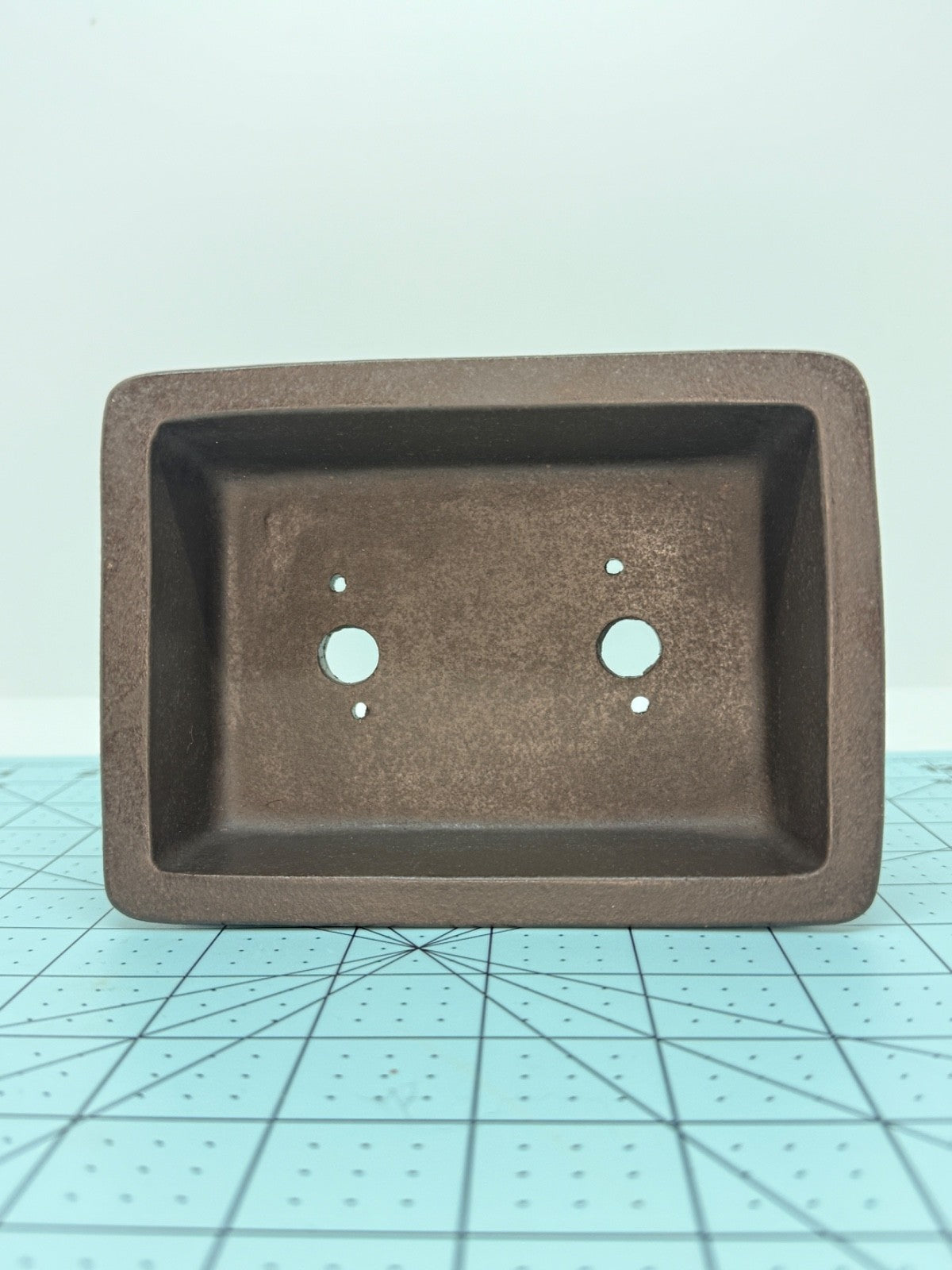 Interior of the dark brown rectangular pot showing two drainage holes and four smaller openings
