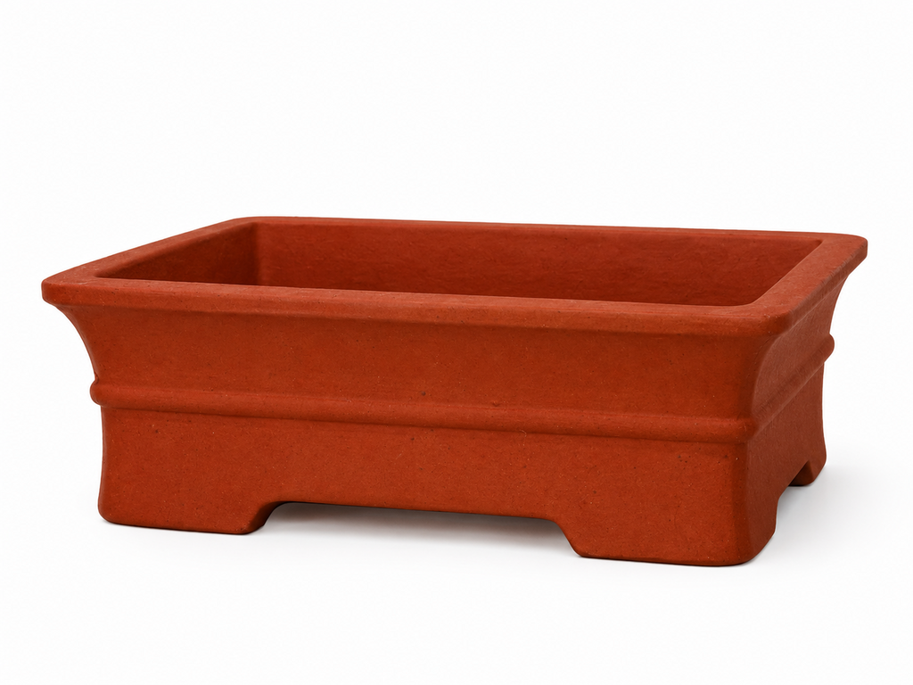 Red rectangular bonsai pot with flared rim, raised horizontal band and low block feet