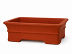Red rectangular bonsai pot with flared rim, raised horizontal band and low block feet