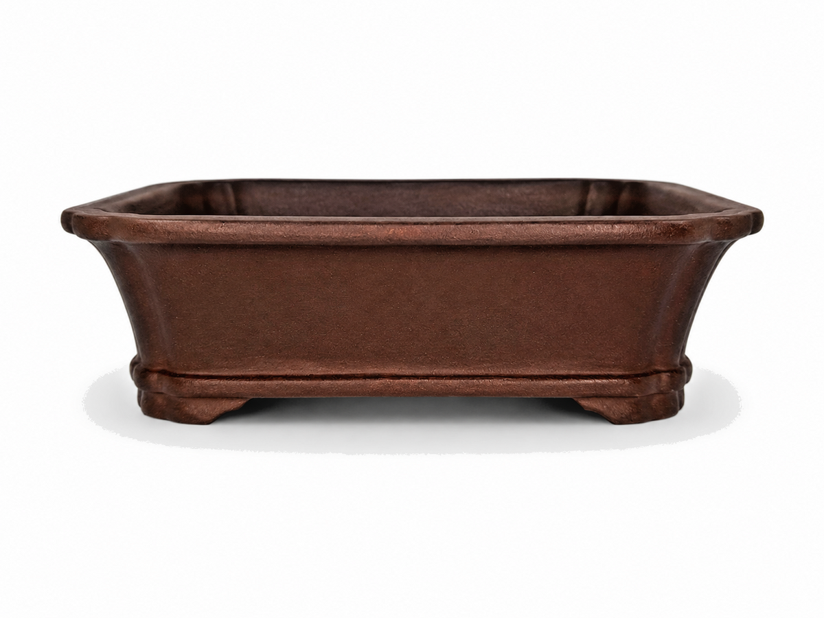 Brown rectangular bonsai pot with flared rim, tapered walls and shaped feet