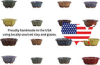 Pottery collection graphic with assorted glazed pots, a U.S. flag map and text about American-made pottery