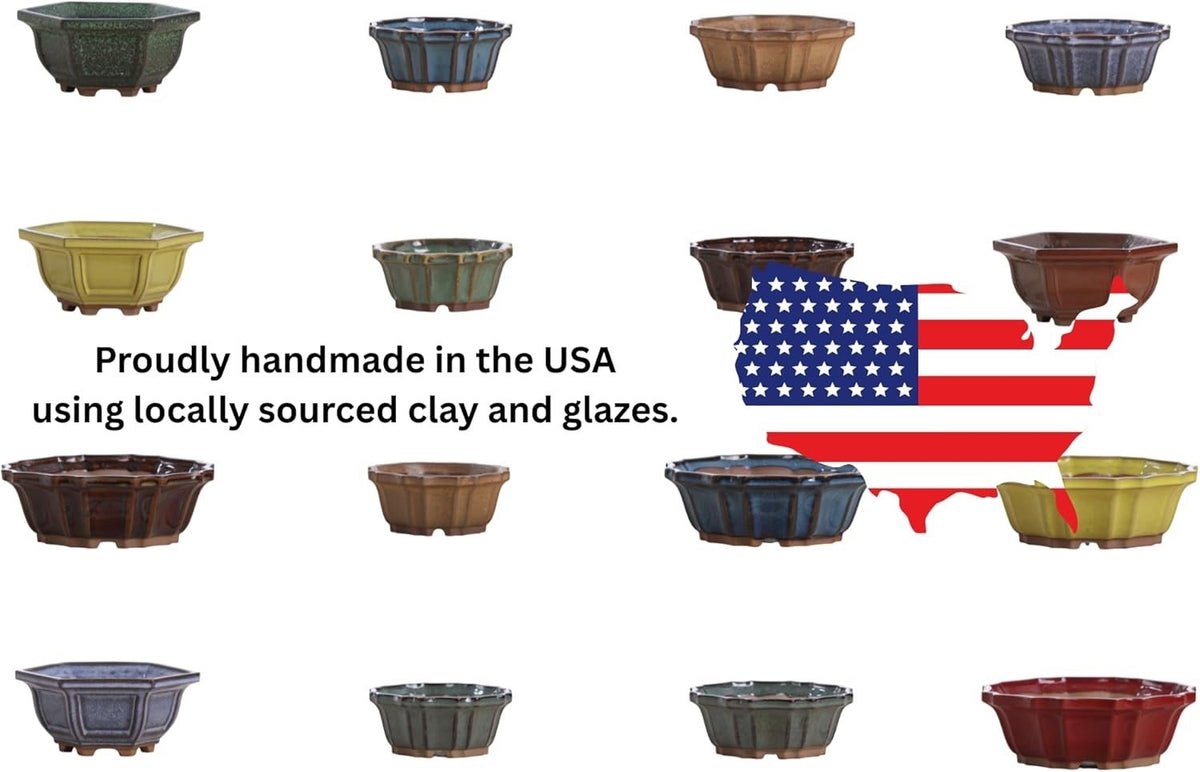 Pottery collection graphic with assorted glazed pots, a U.S. flag map and text about American-made pottery