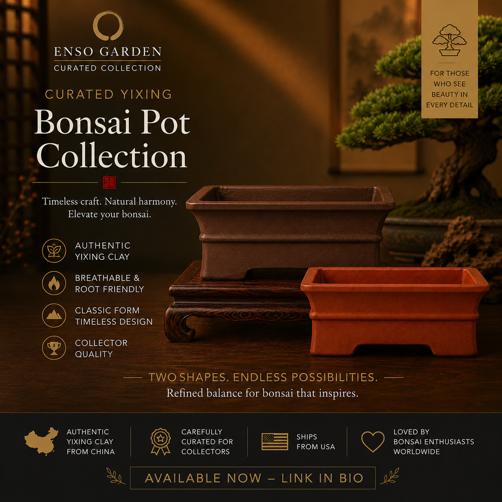 Enso Garden Bonsai Pot Collection promotional graphic with red and brown rectangular pots