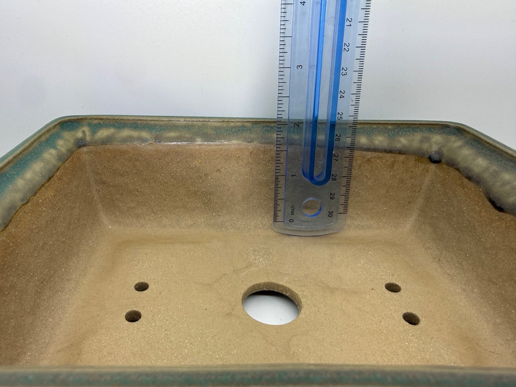 Ruler inside the green rectangular pot demonstrating its usable depth