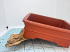 Red rectangular bonsai pot tilted on a rock to show its side wall and rim