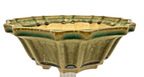 Olive-green flower-shaped bonsai pot with fluted sides and a scalloped rim