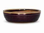 Shallow round bonsai pot with plum-colored crackle glaze and a cream-edged rim