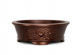Brown oval bonsai pot with basket-weave relief, ring decoration and low feet