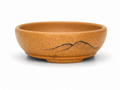 Ochre oval bonsai pot with dark mountain-line decoration and short feet