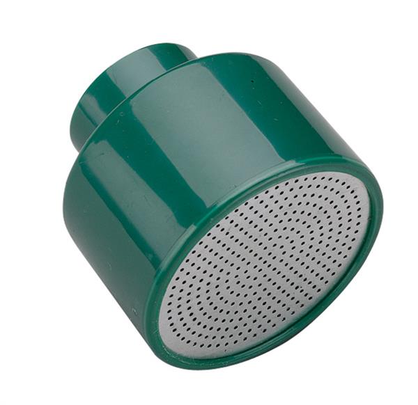 Green replacement watering head with a round perforated metal shower face