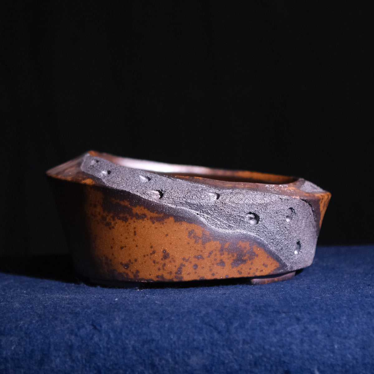11.6" Oval Yixing Zisha Clay Bonsai Pot - Wood-Fired, Asymmetric Rim — rim and texture detail