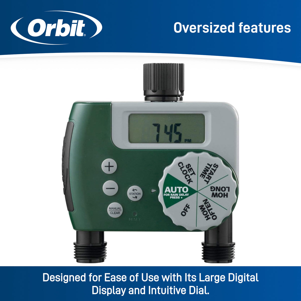 Front-view timer graphic highlighting its large display and dial
