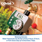 Timer on a garden faucet with text describing available watering intervals