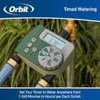 Timed-watering graphic showing the two-outlet timer connected to hoses